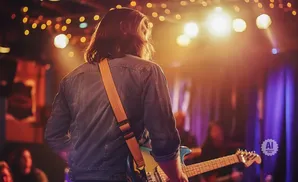 A guitarist in a denim jacket plays on a dimly lit stage with colorful lights.