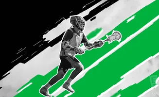 A black and white lacrosse player in motion on a green and black background.