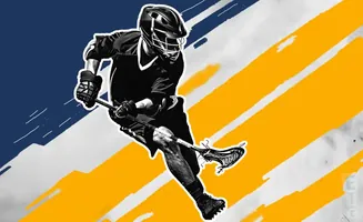 Lacrosse player in black and white, running with stick, against a blue, white, and yellow background with diagonal stripes.