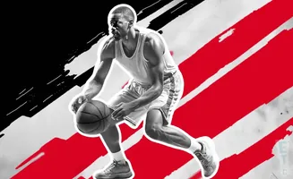 A black and white illustration of a basketball player dribbling, with red and black abstract lines in the background.