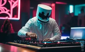 A person wearing a white bucket hat with a black smiley face, dressed in a white shirt, DJs at a console in a nightclub.