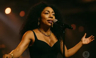 A Black woman with curly hair sings into a microphone on stage, wearing a black dress and gold jewelry.