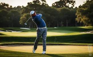 Golfer in plaid pants swings a club on a sunny golf course.