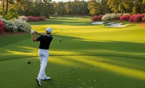 Golfer swings club on a green golf course lined with colorful azaleas and pine trees.