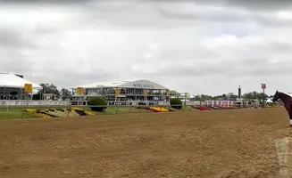 A horse stands on a dirt track in front of the Preakness building, under a cloudy sky.