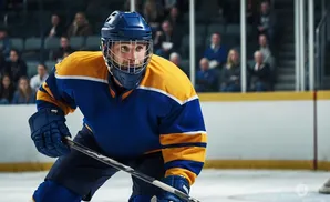 A hockey player in a blue and yellow uniform with a blue helmet and mask on the ice, holding a stick.
