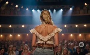 A woman in a white lace top and jeans stands facing away from the camera on a stage in front of a crowd.
