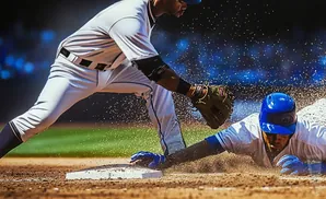 Baseball player slides into base while infielder with glove reaches for the tag.