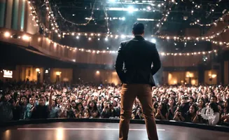 A man in a suit stands on stage, facing a cheering crowd holding up phones at a brightly lit event.