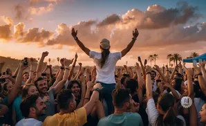 A person with arms raised stands on shoulders in a crowd, reaching towards a sunset sky.