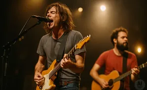 A man with long brown hair sings and plays a yellow electric guitar on stage, while another man with a beard plays an acoustic guitar behind him.