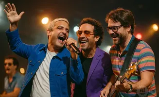 Three men on stage, one singing with arm raised, another singing into a microphone, and one playing guitar.