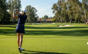 Woman in golf attire swings a club on a sunny golf course, with a building in the distance.