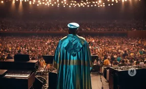 Person in ceremonial robe stands on stage facing a large, cheering audience.