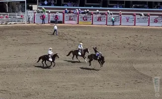 Rodeo participants on horseback in a dirt arena with spectators in the background.
