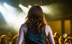 Back view of a woman with wavy brown hair standing on a stage with bright spotlights and smoke.