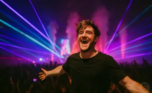 Man with arms outstretched in a black t-shirt, laughing at a concert with purple and blue laser lights and smoke.