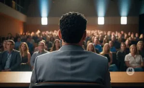 Man in suit addresses a seated audience in a lecture hall.