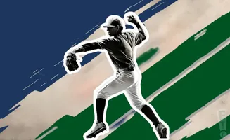 A baseball pitcher in mid-throw, against a background of green and blue stripes.