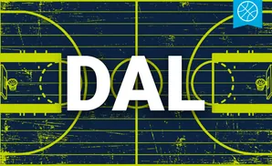 A graphic of a basketball court with a textured, distressed, navy background and neon green court lines.