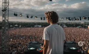 A DJ plays for a large crowd at an outdoor music festival.