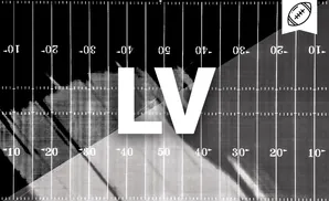 Football field with yard lines and numbers, black and white with a diagonal overlay.