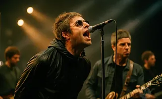 Liam Gallagher sings into a microphone, with Noel Gallagher playing guitar behind him.