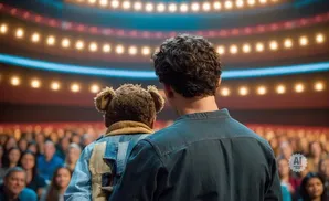 A man and a puppet stand on stage before a cheering audience in a theater.