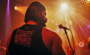 Man with beard and black tank top sings into a microphone on a stage with bright lights.