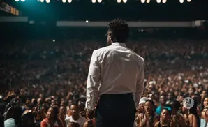 Man in white shirt and dark pants on stage in front of a large cheering crowd.