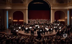 Orchestra performing in a grand concert hall with a red curtain backdrop and audience in the foreground.