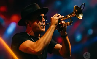 A man in a fedora and sunglasses plays a trumpet on a colorful, blurred background.