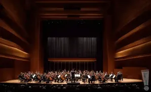 An orchestra performs on stage in a warm, wood-paneled concert hall, with a conductor leading.