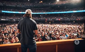A man in a baseball cap stands facing a large crowd in a stadium.