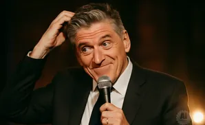 A man in a suit scratches his head while holding a microphone and looking off to the side.