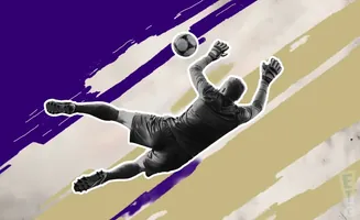 A soccer goalkeeper dives to catch the ball against a colorful abstract background.