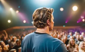 Man with wavy blonde hair in a blue t-shirt on stage facing a cheering audience.