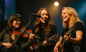 Three women performing music: one plays violin, two play guitar, all smiling.