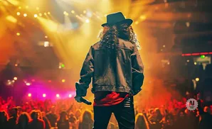 A performer with a black hat and curly hair, wearing a denim jacket and holding a microphone, stands on stage with a cheering crowd below.