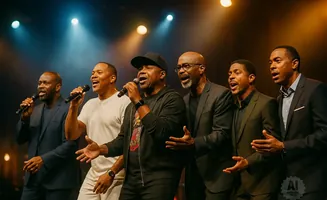Six Black men singing on stage with microphones, lit by spotlights.