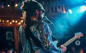 A musician with dreadlocks, wearing a sparkly jacket, plays a guitar on stage with blue lighting.