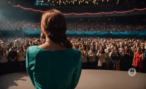 A woman in a teal dress stands facing a large, blurred crowd in a stadium.