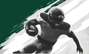 A black and white image of a football player running with a ball, with green and white abstract shapes in the background.