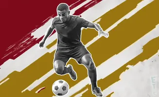 Black and white soccer player kicking a ball against a background with red and gold brush strokes.
