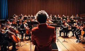A conductor in a red jacket faces an orchestra playing string instruments.
