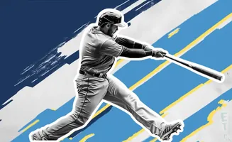 A baseball player swings a bat against a blue and white background with yellow stripes.