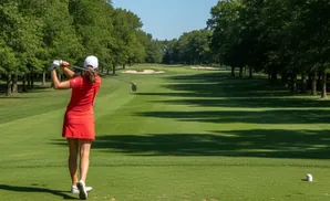 Golfer in red dress swings club on a sunny golf course with trees and sand traps.