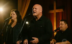 A bald man in a black jacket sings into a microphone, with a woman and another man also singing.