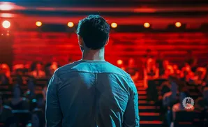 Man facing away from camera on a stage, looking at audience, with red background and lights.