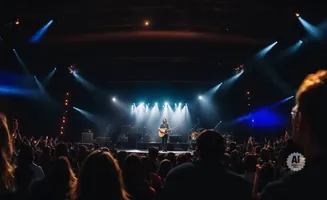 A musician plays guitar on a brightly lit stage in front of a large audience.